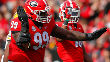 ATHENS, GA - NOVEMBER 06: Jordan Davis #99 of the Georgia Bulldogs reacts in the second half against the Missouri Tigers at Sanford Stadium on November 6, 2021 in Athens, Georgia. (Photo by Todd Kirkland/Getty Images)