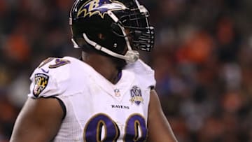 Nov 30, 2015; Cleveland, OH, USA; Baltimore Ravens defensive end Chris Canty (99) against the Cleveland Browns at FirstEnergy Stadium. The Ravens won 33-27. Mandatory Credit: Aaron Doster-USA TODAY Sports