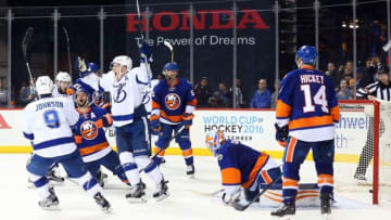 May 3, 2016; Brooklyn, NY, USA; Tampa Bay Lightning left wing Ondrej Palat (18) celebrates after a goal by Tampa Bay Lightning right wing Nikita Kucherov (not pictured) in the last minute of third period in game three of the second round of the 2016 Stanley Cup Playoffs at Barclays Center. Mandatory Credit: Anthony Gruppuso-USA TODAY Sports