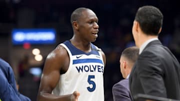 CLEVELAND, OHIO - JANUARY 05: Gorgui Dieng #5 of the Minnesota Timberwolves celebrates after scoring during the second half against the Cleveland Cavaliers at Rocket Mortgage Fieldhouse on January 05, 2020 in Cleveland, Ohio. The Timberwolves defeated the Cavaliers 118-103. (Photo by Jason Miller/Getty Images)