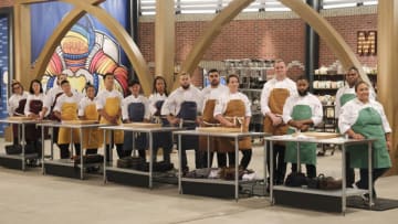 TOP CHEF -- "Primal Instincts" Episode 1901 -- Pictured: (l-r) Leia Gaccione, Jae Jung, Stephanie Miller, Jo Chan, Monique Feybesse, Buddha Lo, Sam Kang, Ashleigh Brown, Luke Kolpin, Robert Hernandez, Sarah Welch, Jackson Kalb, Damarr Brown, Nick Wallace, Evelyn Garcia -- (Photo by: David Moir/Bravo)