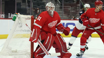 DETROIT, MICHIGAN - MARCH 28: Calvin Pickard #31 of the Detroit Red Wings skates against the Columbus Blue Jackets at Little Caesars Arena on March 28, 2021 in Detroit, Michigan. (Photo by Gregory Shamus/Getty Images)