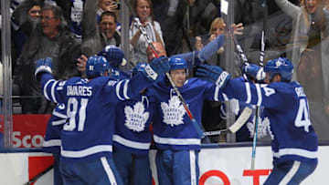 Andreas Johnsson #18 of the Toronto Maple Leafs is congratulated on his goal against the Boston Bruins in Game Three of the Eastern Conference First Round during the 2019 NHL Stanley Cup Playoffs. (Photo by Claus Andersen/Getty Images)