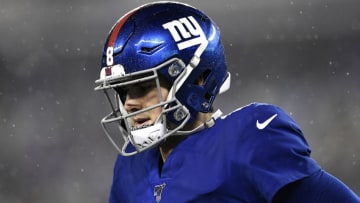 EAST RUTHERFORD, NEW JERSEY - DECEMBER 29: Daniel Jones #8 of the New York Giants reacts after losing the ball on a fumble against the Philadelphia Eagles during the fourth quarter in the game at MetLife Stadium on December 29, 2019 in East Rutherford, New Jersey. (Photo by Sarah Stier/Getty Images)