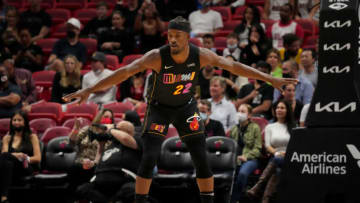 Jimmy Butler #22 of the Miami Heat plays defense against the New Orleans Pelicans(Photo by Mark Brown/Getty Images)