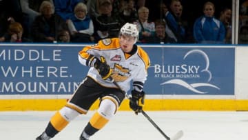 KELOWNA, CANADA - OCTOBER 25: Ivan Provorov #9 of Brandon Wheat Kings skates against the Kelowna Rockets on October 25, 2014 at Prospera Place in Kelowna, British Columbia, Canada. (Photo by Marissa Baecker/Getty Images)