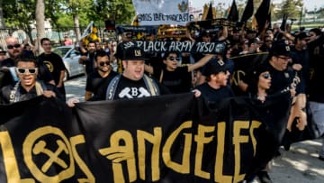 LOS ANGELES, CA - AUGUST 23: General Atmosphere shot of LAFC fans at the Los Angeles Football Club Stadium Groundbreaking Ceremony on August 23, 2016 in Los Angeles, California. (Photo by Greg Doherty/WireImage)
