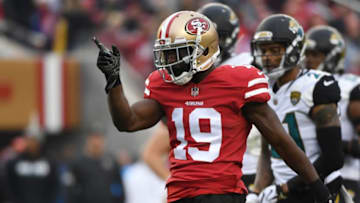 SANTA CLARA, CA - DECEMBER 24: Aldrick Robinson #19 of the San Francisco 49ers reacts after a catch against the Jacksonville Jaguars during their NFL game at Levi's Stadium on December 24, 2017 in Santa Clara, California. (Photo by Robert Reiners/Getty Images)