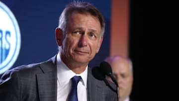 VANCOUVER, BRITISH COLUMBIA - JUNE 21: General Manager Ken Holland of the Edmonton Oilers speaks onstage during the first round of the 2019 NHL Draft at Rogers Arena on June 21, 2019 in Vancouver, Canada. (Photo by Dave Sandford/NHLI via Getty Images)