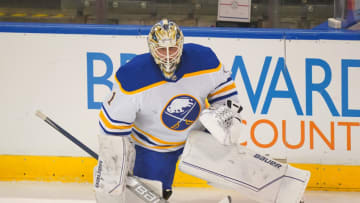 Dec 2, 2021; Sunrise, Florida, USA; Buffalo Sabres goaltender Ukko-Pekka Luukkonen (1) warms up prior to the game against the Florida Panthers at FLA Live Arena. Mandatory Credit: Jasen Vinlove-USA TODAY Sports