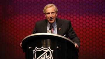 Jun 27, 2014; Philadelphia, PA, USA; Arizona Coyotes general manager Don Maloney announces Brendan Perlini (not pictured) as the number twelve overall pick to the Arizona Coyotes in the first round of the 2014 NHL Draft at Wells Fargo Center. Mandatory Credit: Bill Streicher-USA TODAY Sports