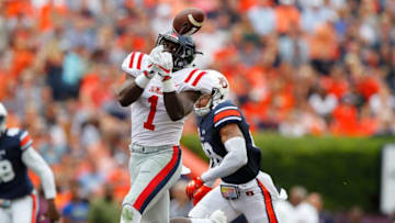 AUBURN, AL - OCTOBER 07: A.J. Brown #1 of the Mississippi Rebels fails to pull in this reception against Tray Matthews #28 of the Auburn Tigers at Jordan Hare Stadium on October 7, 2017 in Auburn, Alabama. (Photo by Kevin C. Cox/Getty Images)