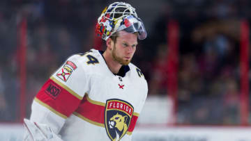 OTTAWA, ON - MARCH 29: Florida Panthers Goalie James Reimer (34) returns to his net after a TV timeout during second period National Hockey League action between the Florida Panthers and Ottawa Senators on March 29, 2018, at Canadian Tire Centre in Ottawa, ON, Canada. (Photo by Richard A. Whittaker/Icon Sportswire via Getty Images)