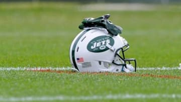 Jul 27, 2013; Cortland, NY, USA; General view of a New York Jets helmet during training camp at SUNY Cortland. Mandatory Credit: Rich Barnes-USA TODAY Sports