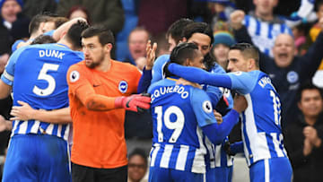 BRIGHTON, ENGLAND - JANUARY 01: Goalkeeper Mathew Ryan of Brighton and Hove Albion joins in the celebrations after Glenn Murray (blocked) scored his team's second goal during the Premier League match between Brighton and Hove Albion and AFC Bournemouth at Amex Stadium on January 1, 2018 in Brighton, England. (Photo by Mike Hewitt/Getty Images)