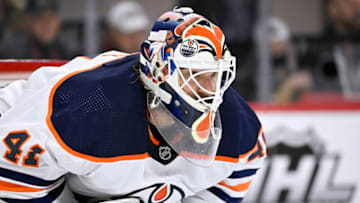 RALEIGH, NORTH CAROLINA - FEBRUARY 27: Mike Smith #41 of the Edmonton Oilers is shown during the third period of their game against the Carolina Hurricanes at PNC Arena on February 27, 2022 in Raleigh, North Carolina. The Hurricanes won 2-1. (Photo by Grant Halverson/Getty Images)