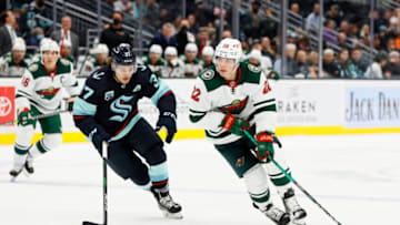 Minnesota Wild forward Kevin Fiala carries the puck against Seattle in an Oct. 28 matchup. The Wild face the Kraken on Saturday for the second time this season. (Photo by Steph Chambers/Getty Images)