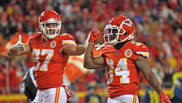 KANSAS CITY, MO - DECEMBER 01: Running back Darwin Thompson #34 of the Kansas City Chiefs celebrates after scoring a touchdown against the Oakland Raiders during the second half at Arrowhead Stadium on December 1, 2019 in Kansas City, Missouri. (Photo by Peter Aiken/Getty Images)