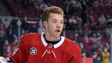 Apr 24, 2022; Montreal, Quebec, CAN; Montreal Canadiens defenseman Jordan Harris. Mandatory Credit: Eric Bolte-USA TODAY Sports