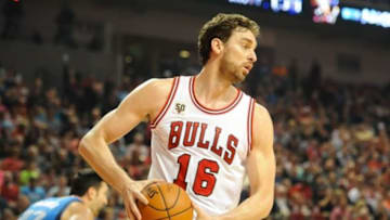 Oct 23, 2015; Lincoln, NE, USA; Chicago Bulls forward Pau Gasol (16) grabs a rebound against the Dallas Mavericks at Pinnacle Bank Arena. Chicago defeated Dallas 103-102. Mandatory Credit: Steven Branscombe-USA TODAY Sports