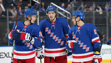 NEW YORK, NY - MARCH 19: Brett Howden #21, Vladislav Namestnikov #90 and Vinni Lettieri #95 of the New York Rangers talk during a break in the action against the Detroit Red Wings at Madison Square Garden on March 19, 2019 in New York City. (Photo by Jared Silber/NHLI via Getty Images)