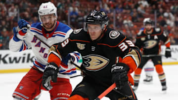 ANAHEIM, CA - NOVEMBER 01: Brendan Smith #42 of the New York Rangers defends against Jakob Silfverberg #33 of the Anaheim Ducks during the first period of a game at Honda Center on November 1, 2018 in Anaheim, California. (Photo by Sean M. Haffey/Getty Images)