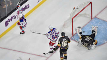 LAS VEGAS, NEVADA - DECEMBER 08: Jacob Trouba #8 of the New York Rangers celebrates after scoring a goal during the second period against the Vegas Golden Knights at T-Mobile Arena on December 08, 2019 in Las Vegas, Nevada. (Photo by David Becker/NHLI via Getty Images)