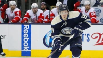 Mar 25, 2014; Columbus, OH, USA; Columbus Blue Jackets center Ryan Johansen (19) looks to pass against the Detroit Red Wings during the third period at Nationwide Arena. Columbus beat Detroit 4-2. Mandatory Credit: Russell LaBounty-USA TODAY Sports