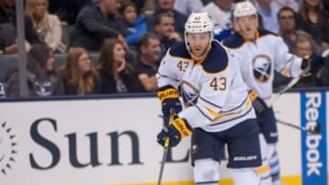 Sep 25, 2015; Toronto, Ontario, CAN; Buffalo Sabres player Daniel Catenacci (43) moves down ice against Toronto Maple Leafs in the third period at Air Canada Centre. Sabres beat Leafs 6 - 4. Mandatory Credit: Peter Llewellyn-USA TODAY Sports