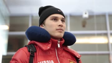 MOSCOW REGION, RUSSIA - JANUARY 7, 2019: Pavel Shen, a member of the Russian men's national junior ice hockey team, during a welcome ceremony at Sheremetyevo International Airport. The team has won bronze medals at the 2019 IIHF World Junior Championships. Denis Tyrin/TASS (Photo by Denis TyrinTASS via Getty Images)