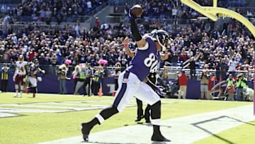 Oct 9, 2016; Baltimore, MD, USA; Baltimore Ravens tight end Crockett Gillmore (80) celebrates after catching a pass for a touchdown during the first quarter against the Washington Redskins at M&T Bank Stadium. Mandatory Credit: Tommy Gilligan-USA TODAY Sports