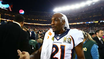 Feb 7, 2016; Santa Clara, CA, USA; Denver Broncos cornerback Aqib Talib (21) celebrates after defeating the Carolina Panthers in Super Bowl 50 at Levi