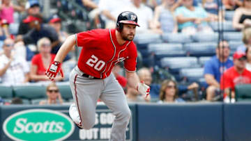 Sep 17, 2016; Atlanta, GA, USA; Washington Nationals second baseman Daniel Murphy (20) runs to first against the Atlanta Braves in the third inning at Turner Field. Mandatory Credit: Brett Davis-USA TODAY Sports