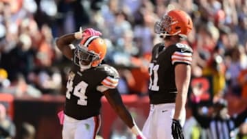 Oct 12, 2014; Cleveland, OH, USA; Cleveland Browns running back Ben Tate (44) celebrates after scoring a touchdown during the third quarter against the Pittsburgh Steelers at FirstEnergy Stadium. Mandatory Credit: Andrew Weber-USA TODAY Sports