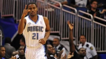 Apr 2, 2014; Orlando, FL, USA; Orlando Magic forward Maurice Harkless (21) celebrates a three-point basket against the Cleveland Cavaliers in the first quarter at Amway Center. Mandatory Credit: David Manning-USA TODAY Sports