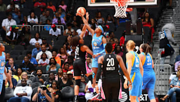 ATLANTA, GA - AUGUST 20: Diamond DeShields #1 of the Chicago Sky blocks a shot against Nia Coffey #10 of the Atlanta Dream on August 20, 2019 at the State Farm Arena in Atlanta, Georgia. NOTE TO USER: User expressly acknowledges and agrees that, by downloading and or using this photograph, User is consenting to the terms and conditions of the Getty Images License Agreement. Mandatory Copyright Notice: Copyright 2019 NBAE (Photo by Scott Cunningham/NBAE via Getty Images)
