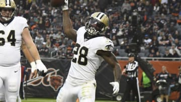 CHICAGO, ILLINOIS - OCTOBER 20: Latavius Murray #28 of the New Orleans Saints celebrates his touchdown against the Chicago Bears during the second half at Soldier Field on October 20, 2019 in Chicago, Illinois. (Photo by David Banks/Getty Images)