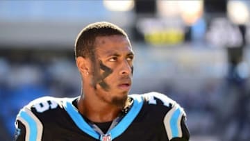 Jan 12, 2014; Charlotte, NC, USA; Carolina Panthers defensive end Greg Hardy (76) on the field prior to the 2013 NFC divisional playoff football game at Bank of America Stadium. Mandatory Credit: Bob Donnan-USA TODAY Sports