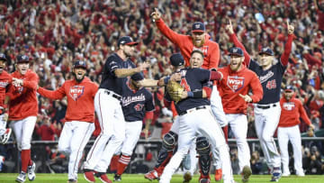 WASHINGTON, DC - OCTOBER 15: The Washington Nationals celebrate a series-clinching win in Game Four of the NLCS between the Washington Nationals and the St. Louis Cardinals at Nationals Park. (Photo by Jonathan Newton /The Washington Post via Getty Images)