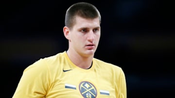 LOS ANGELES, CA - OCTOBER 2: Nikola Jokic #15 of the Denver Nuggets looks on prior to a pre-season game against the Los Angeles Lakers on October 2, 2018 at STAPLES Center in Los Angeles, California. NOTE TO USER: User expressly acknowledges and agrees that, by downloading and/or using this Photograph, user is consenting to the terms and conditions of the Getty Images License Agreement. Mandatory Copyright Notice: Copyright 2018 NBAE (Photo by Chris Elise/NBAE via Getty Images)