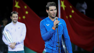 SHANGHAI, CHINA - OCTOBER 15: Rafael Nadal of Spain speak during the award ceremony after losing his Men's singles final match against Roger Federer of Switzerland on day eight of 2017 ATP Shanghai Rolex Masters at Qizhong Stadium on October 15, 2017 in Shanghai, China. (Photo by Lintao Zhang/Getty Images)