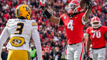 Nov 6, 2021; Athens, Georgia, USA; Georgia Bulldogs running back James Cook (4) reacts after running for a touchdown against the Missouri Tigers during the first half at Sanford Stadium. Mandatory Credit: Dale Zanine-USA TODAY Sports