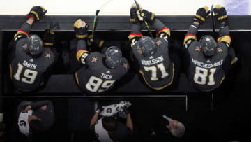 LAS VEGAS, NEVADA - DECEMBER 23: Vegas Golden Knights players are seen on the bench during the second period against the Colorado Avalanche at T-Mobile Arena on December 23, 2019 in Las Vegas, Nevada. (Photo by Zak Krill/NHLI via Getty Images)