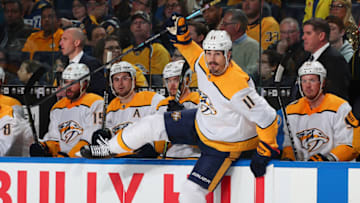 BUFFALO, NY - APRIL 2: Brian Boyle #11 of the Nashville Predators jumps into action against the Buffalo Sabres during an NHL game on April 2, 2019 at KeyBank Center in Buffalo, New York. Nashville won, 3-2. (Photo by Bill Wippert/NHLI via Getty Images)