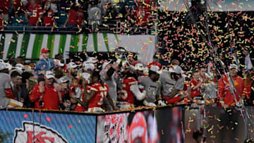 MIAMI, FLORIDA - FEBRUARY 02: The Kansas City Chiefs celebrate after the they defeated the San Francisco 49ers in Super Bowl LIV at Hard Rock Stadium on February 02, 2020 in Miami, Florida. The Chiefs won the game 31-20. (Photo by Focus on Sport/Getty Images) *** Local Caption ***
