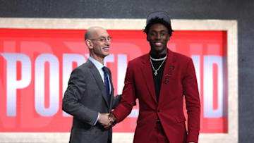 NEW YORK, NEW YORK - JUNE 20: Nassir Little poses with NBA Commissioner Adam Silver after being drafted with the 25th overall pick by the Portland Trail Blazers during the 2019 NBA Draft at the Barclays Center on June 20, 2019 in the Brooklyn borough of New York City. NOTE TO USER: User expressly acknowledges and agrees that, by downloading and or using this photograph, User is consenting to the terms and conditions of the Getty Images License Agreement. (Photo by Sarah Stier/Getty Images)