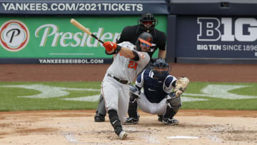 DJ Stewart #24 of the Baltimore Orioles in action against the New York Yankees at Yankee Stadium on September 13, 2020 in New York City. The Yankees defeated the Orioles 3-1. (Photo by Jim McIsaac/Getty Images)