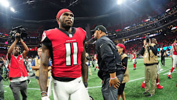 ATLANTA, GA - DECEMBER 31: Julio Jones #11 of the Atlanta Falcons walks off the field after beating the Carolina Panthers at Mercedes-Benz Stadium on December 31, 2017 in Atlanta, Georgia. (Photo by Scott Cunningham/Getty Images)