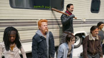 Full size replicas of Negan's line up by KNB EFX at Comic Con 2016. Credit Greg Nicotero AMC.