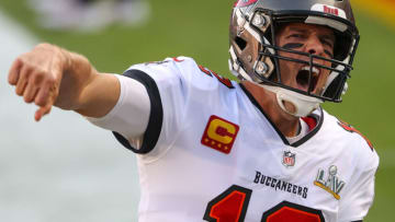 TAMPA, FLORIDA - FEBRUARY 07: Tom Brady #12 of the Tampa Bay Buccaneers yells as he takes the field against the Kansas City Chiefs in Super Bowl LV at Raymond James Stadium on February 07, 2021 in Tampa, Florida. (Photo by Patrick Smith/Getty Images)